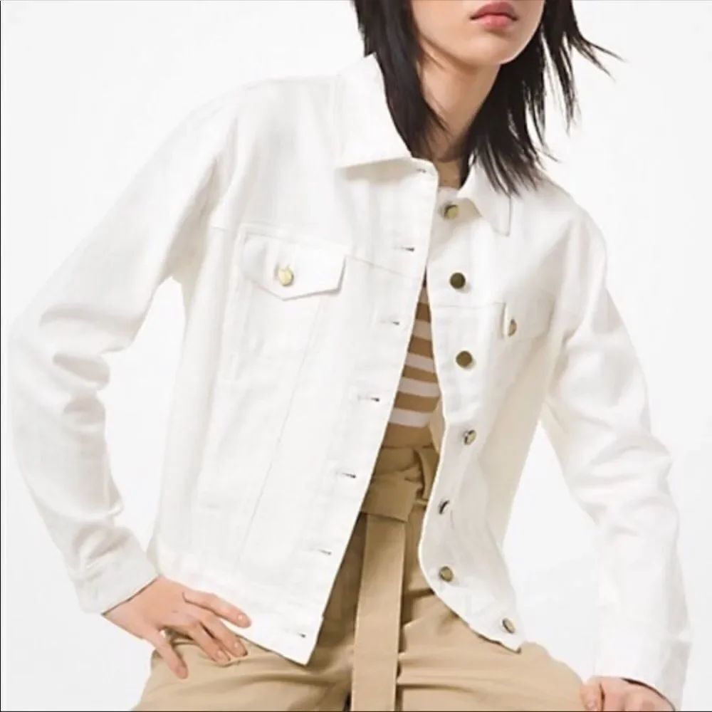 MK L White with Gold Tone Buttons Crop Denim Jacket